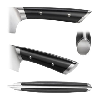 
                    
                      Knife handle shown from side, top, and end views with black grip and metal rivets.
                    
                  