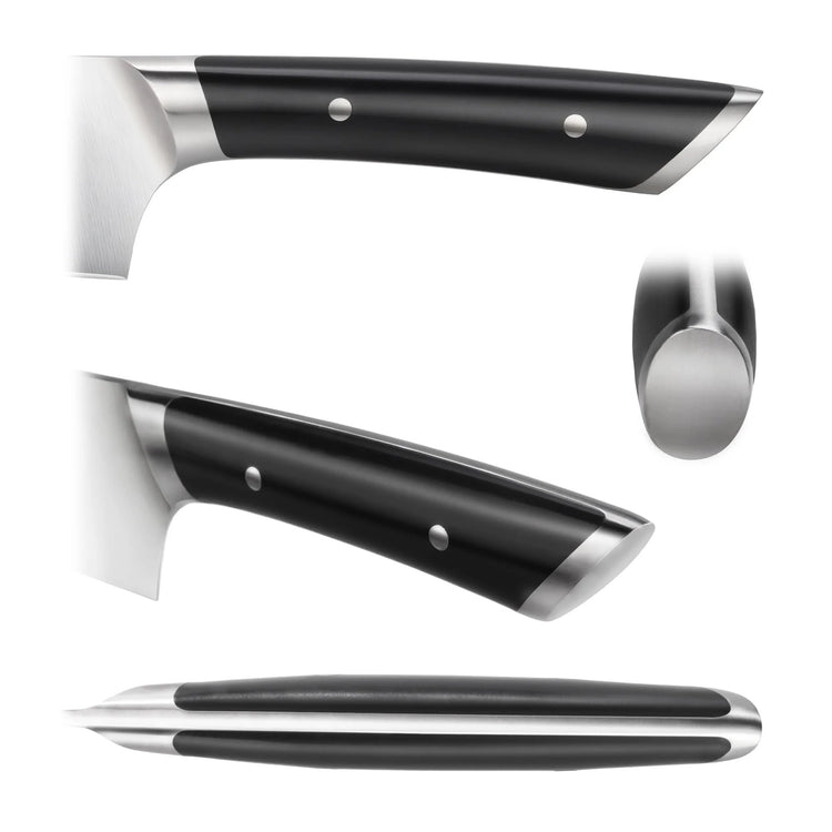 Black ergonomic knife handle with stainless steel bolsters and rivets, shown from multiple angles.