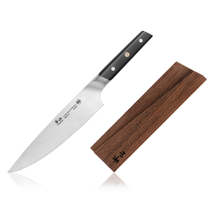 8-inch chef knife with black handle and engraved blade, next to a brown ash wood sheath with black markings.