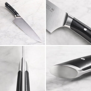 
                    
                      Chef knife with black handle and stainless steel blade shown from multiple close-up angles on a marble surface.
                    
                  