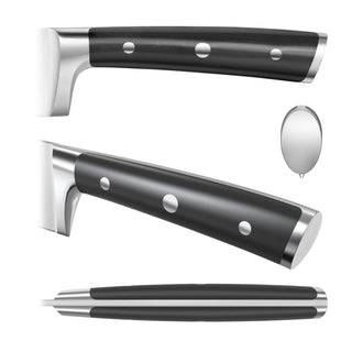 
                    
                      Knife handle shown from three angles: top, side, and bottom, with black grip and three metal rivets.
                    
                  