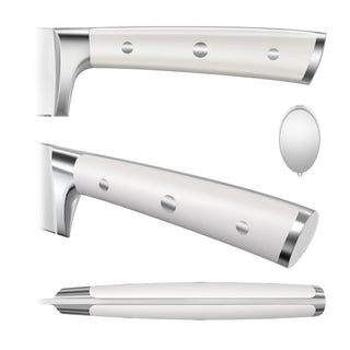 
                    
                      Three views of a white knife handle with three rivets and metal accents on both ends.
                    
                  