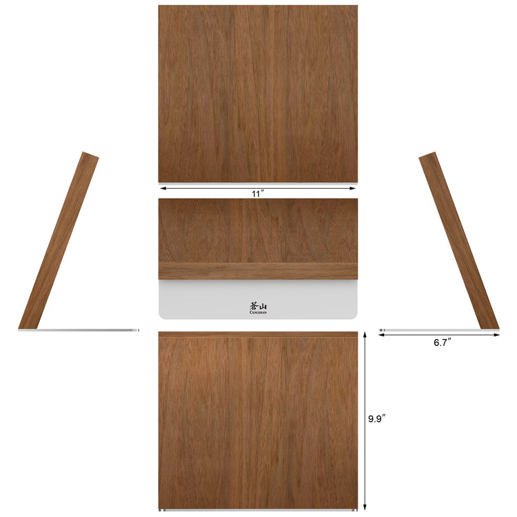 Rectangular wooden block with dimensions 11" width, 9.9" height, and 6.7" depth, shown from multiple angles.