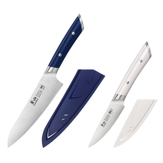 
                    
                      Two knives with navy and white handles, each with a matching protective sheath, displayed on a white background.
                    
                  
