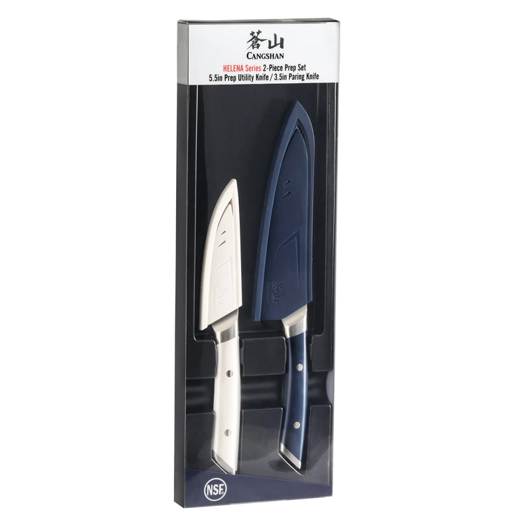 Two-piece knife set with navy and white handles, featuring a utility knife and a paring knife in a black display box.