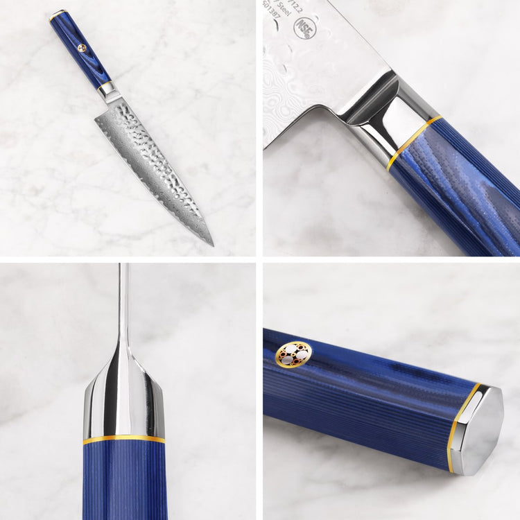 Knife with hammered blade and blue handle shown from multiple close-up angles on a marble surface.
