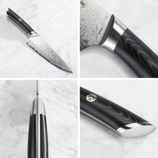 
                    
                      6-inch chef's knife with patterned Damascus steel blade and black ergonomic handle with metal accents.
                    
                  