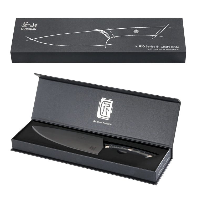 6-inch chef's knife with black blade and ergonomic handle, displayed in an open black presentation box.