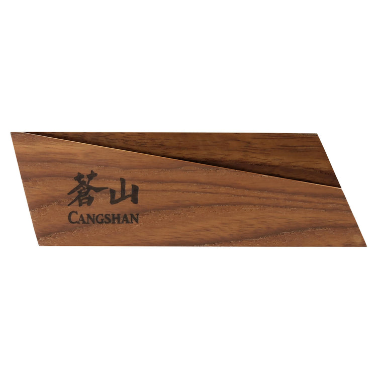 Ash wood magnetic knife sheath with angled design and Cangshan logo on the front.