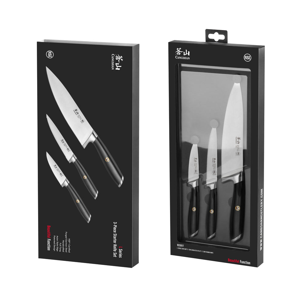 
                  
                    Load image into Gallery viewer, L Series 3-Piece Starter Knife Set, Forged German Steel, Black, 1026917
                  
                