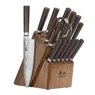 
                    
                      MAYA Series 17-Piece Knife Block Set with walnut block and dark wood handles, featuring a Damascus steel blade.
                    
                  
