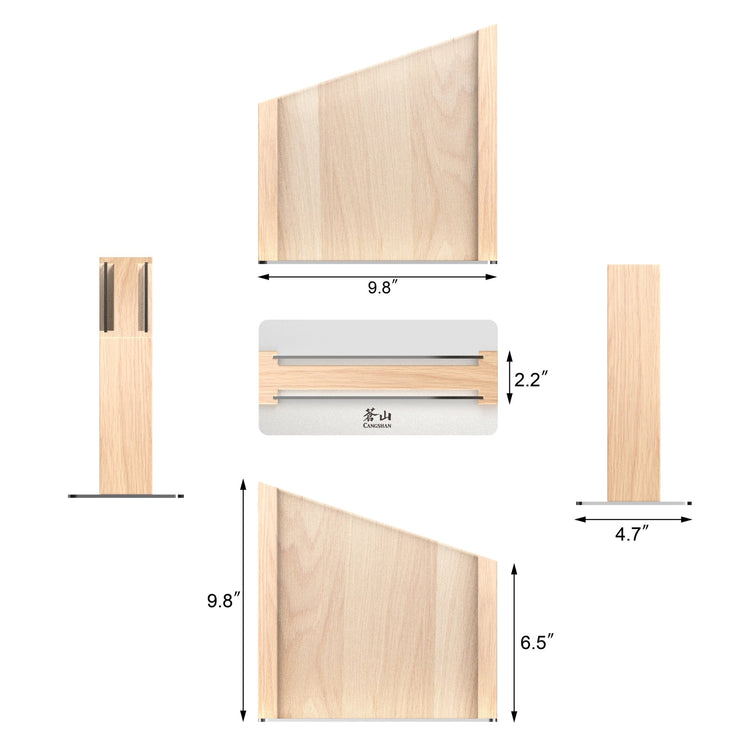 Maple wood magnetic knife block with clear blade guard, shown from multiple angles with dimensions.