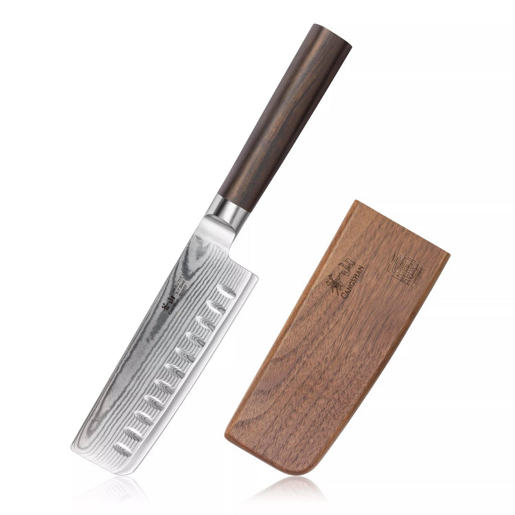 Nakiri knife with patterned blade and dark wooden handle next to a matching wooden sheath.