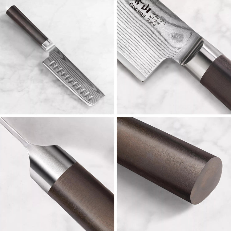 Nakiri knife with patterned blade, wooden handle, and metal bolster shown from multiple close-up angles.