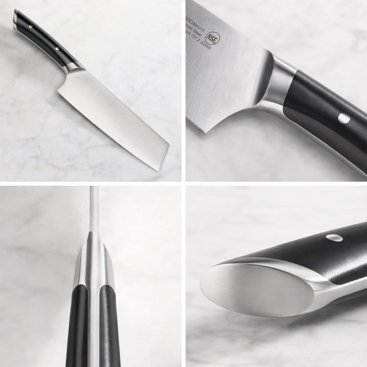 7-inch Nakiri knife with black handle and forged German steel blade shown from multiple angles on a white surface.