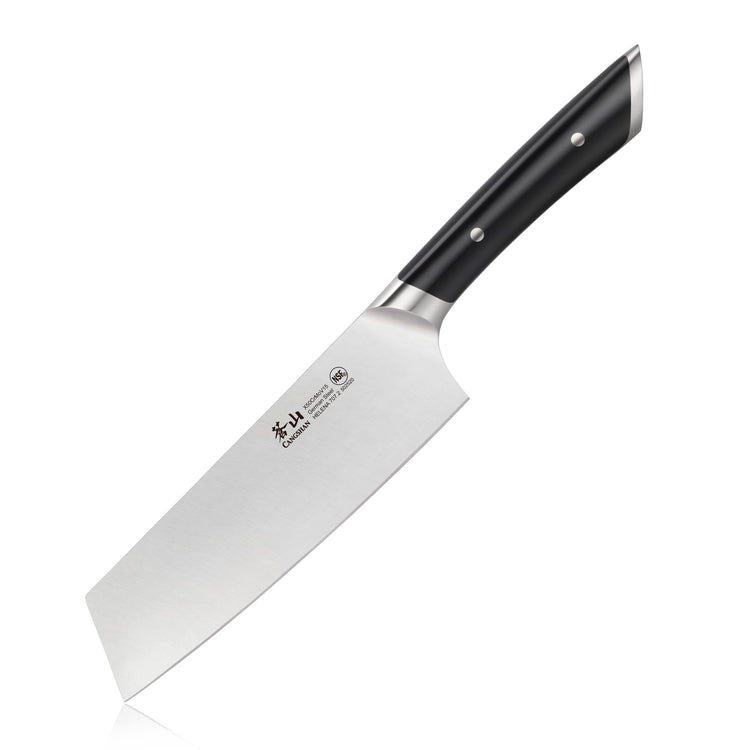 7-inch Nakiri knife with black handle and forged stainless steel blade, designed for precise vegetable cutting.