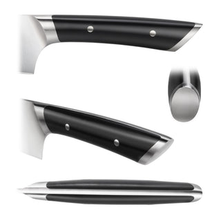 
                    
                      Black ergonomic handle of a 7-inch Nakiri knife with metal rivets and stainless steel bolster and end cap.
                    
                  