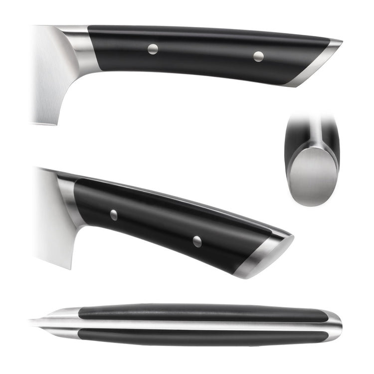 Black ergonomic handle of a 7-inch Nakiri knife with metal rivets and stainless steel bolster and end cap.