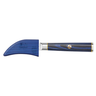 
                    
                      Blue peeling knife with curved blade and matching blue sheath, featuring a polished handle with metal accents.
                    
                  