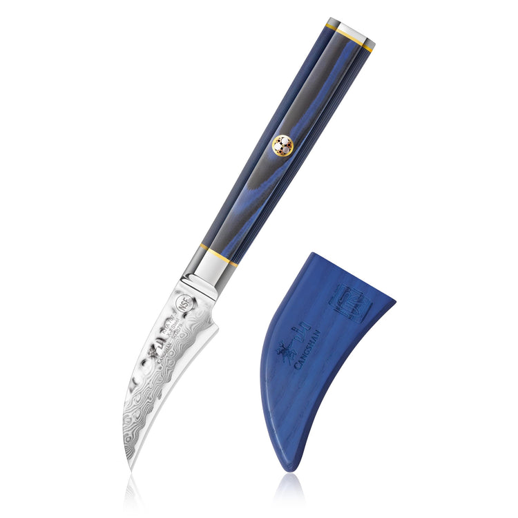 2.5-inch peeling knife with patterned blade, blue handle, and matching blue sheath.