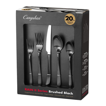 Cangshan RAIN II Series 20-piece brushed black forged stainless steel flatware set in packaging box.