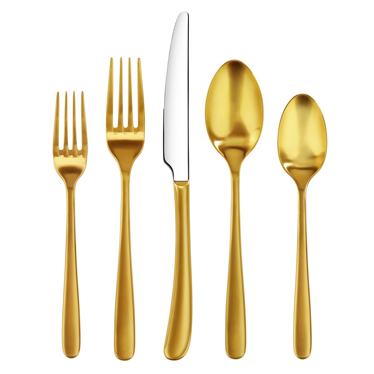 Five-piece brushed gold flatware set including salad fork, dinner fork, knife, tablespoon, and teaspoon on white background.
