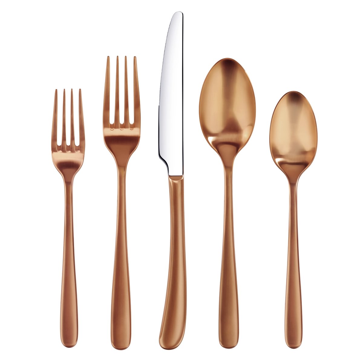 Set of five brushed copper flatware pieces: salad fork, dinner fork, dinner knife, tablespoon, and teaspoon.