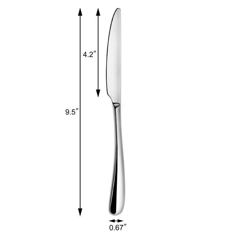 Dinner knife with a 4.2-inch blade and 9.5-inch total length, polished stainless steel handle and mirror finish.