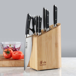 
                  
                    Load image into Gallery viewer, RAINIER Series 8-Piece Knife Block Set, German Steel, Bamboo Block, Black, 504081
                  
                