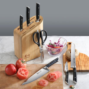 
                  
                    Load image into Gallery viewer, RAINIER Series 8-Piece Knife Block Set, German Steel, Bamboo Block, Black, 504081
                  
                