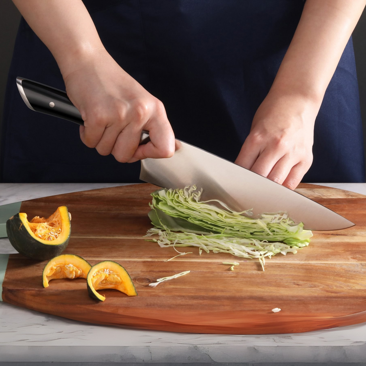 Hands slicing shredded cabbage on a wooden cutting board with a large kitchen knife and pumpkin pieces nearby.