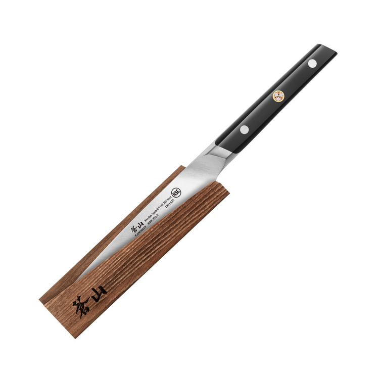 Japanese-style kitchen knife with black handle and wooden sheath featuring Japanese characters.
