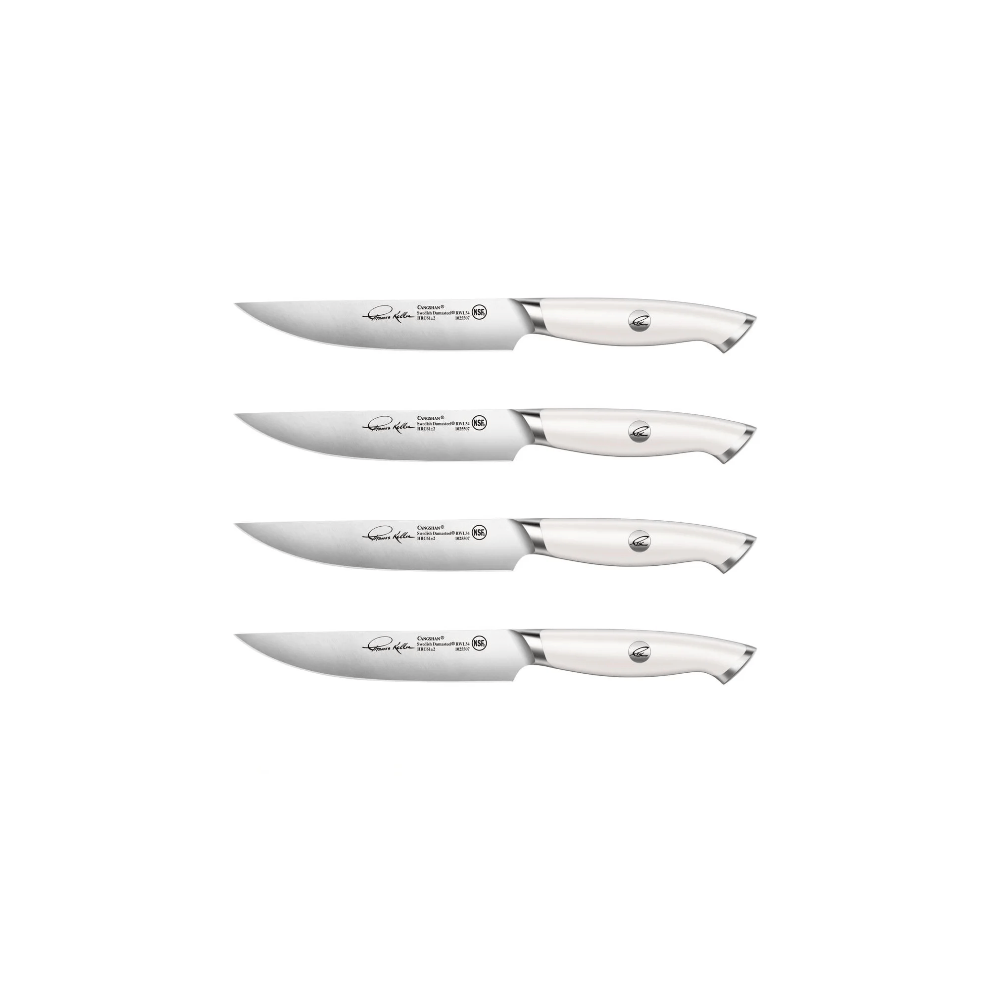 Four steak knives with white handles and stainless steel blades, each engraved with a signature and logo.
