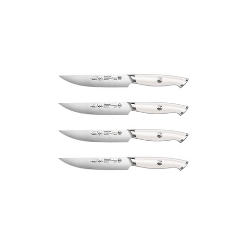 Four steak knives with white handles and stainless steel blades, each engraved with a signature and logo.