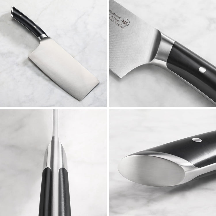 7-inch vegetable cleaver with black handle and forged steel blade shown from multiple angles on marble surface.