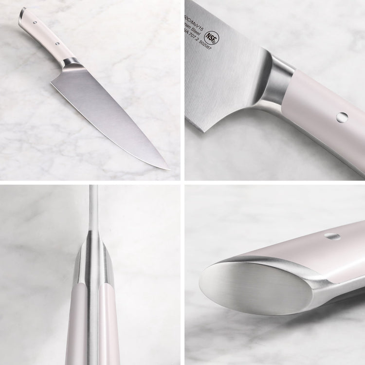 Chef knife with stainless steel blade and light-colored ergonomic handle shown from multiple close-up angles on a marble surf
