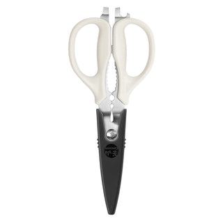 
                    
                      9-inch kitchen shears with white handles and black blade holder, featuring serrated blades and a bottle opener.
                    
                  