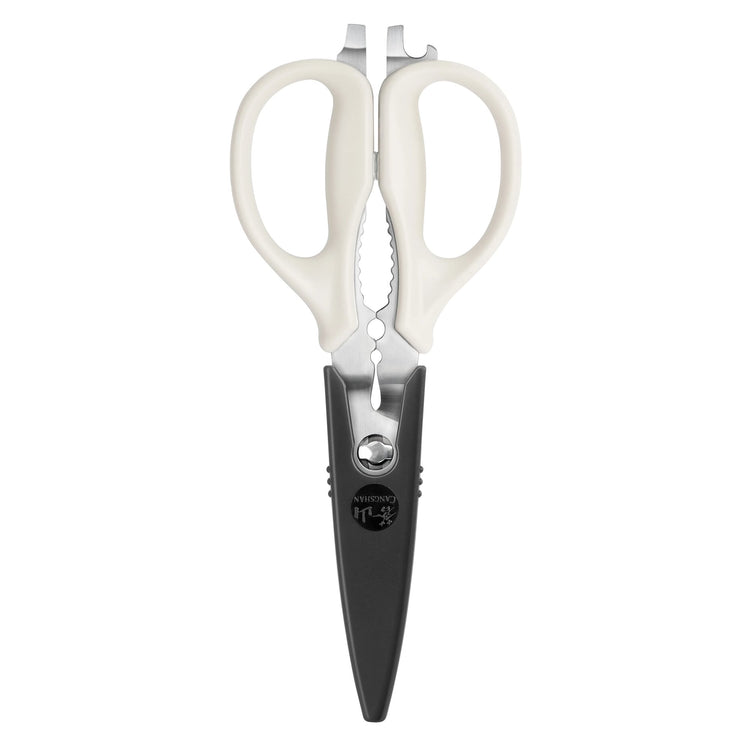 9-inch kitchen shears with white handles and black blade holder, featuring serrated blades and a bottle opener.