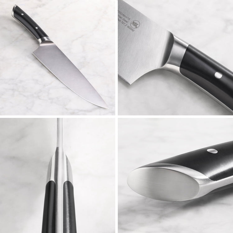 Chef's knife with black handle and stainless steel blade shown from multiple close-up angles on a light surface.