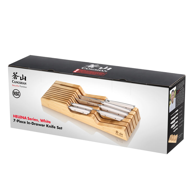 7-piece in-drawer knife set with bamboo tray and stainless steel blades, arranged in a stepped wooden holder.