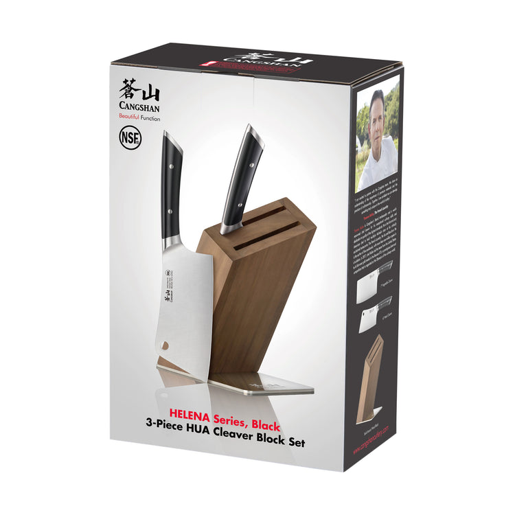 Three-piece cleaver knife set with black handles and angled acacia wood block on product packaging.