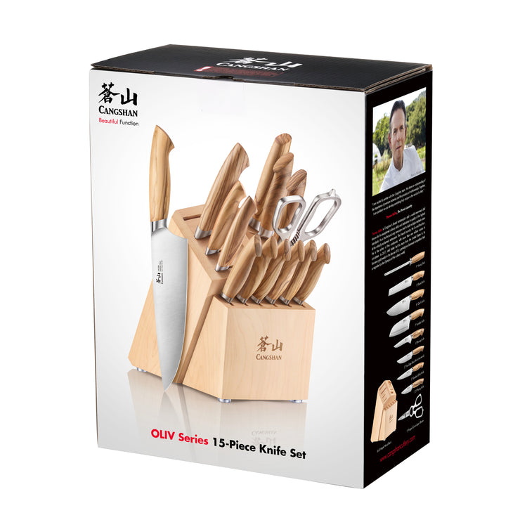 15-piece knife set with wooden block, featuring various knives and kitchen shears with light wood handles.