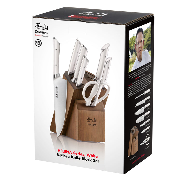 8-piece knife block set with white handles and acacia wood block, including knives and kitchen scissors.