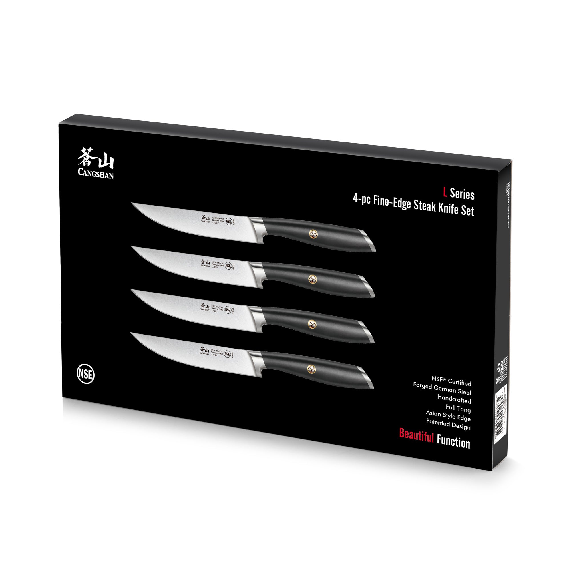 L Series 4-Piece Fine-Edge Steak Knife Set, Forged German Steel, Black, 1026931