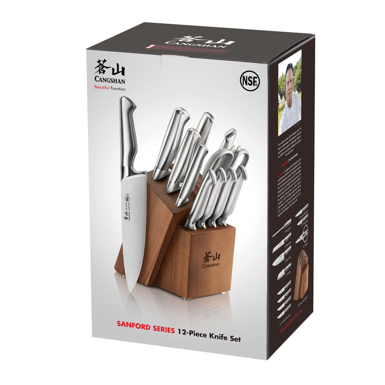 12-piece knife set with stainless steel blades and acacia wood block, including various knives and kitchen shears.