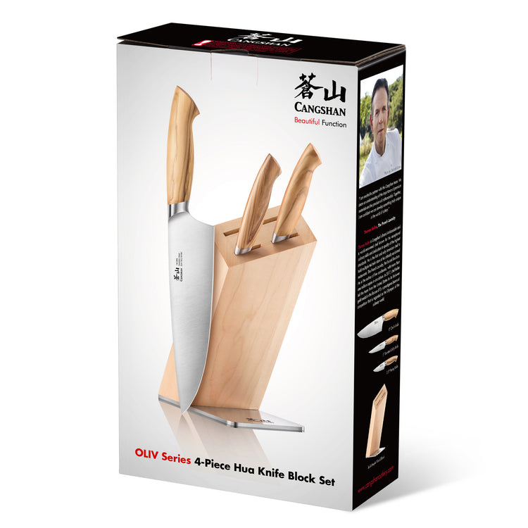 Four-piece knife set with wooden handles in a slanted maple block, including chef, utility, and paring knives.