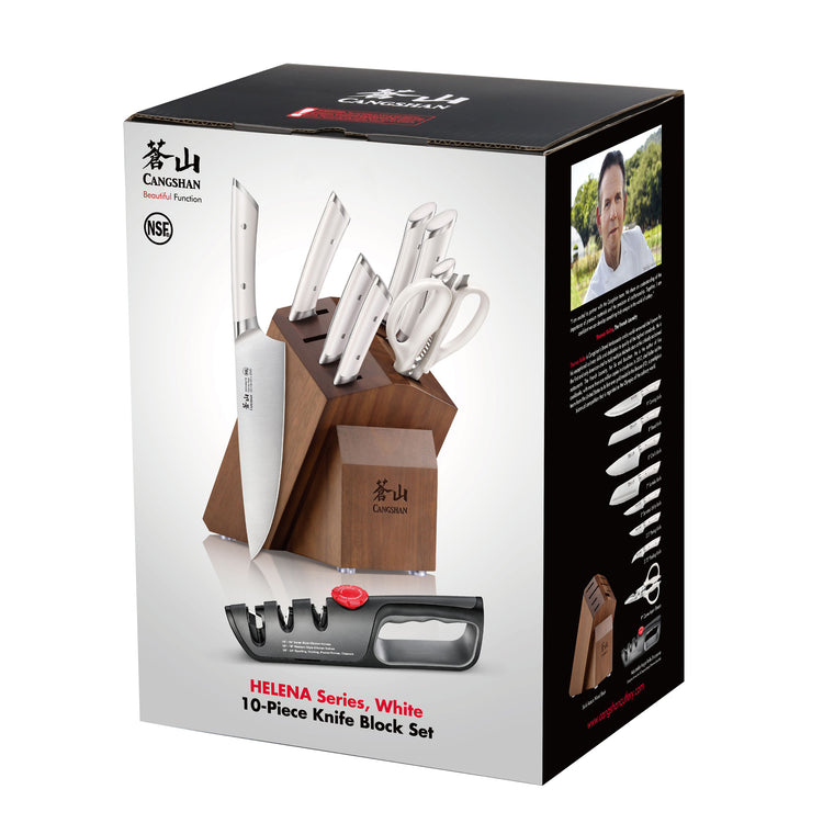 10-piece knife block set with white handles, acacia wood block, knife sharpener, and kitchen scissors.
