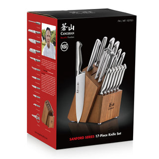 
                    
                      17-piece knife set with stainless steel blades in a wooden block, shown on product packaging.
                    
                  