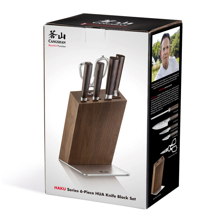 HAKU Series 6-piece knife block set with four knives, kitchen shears, and a wooden walnut block.