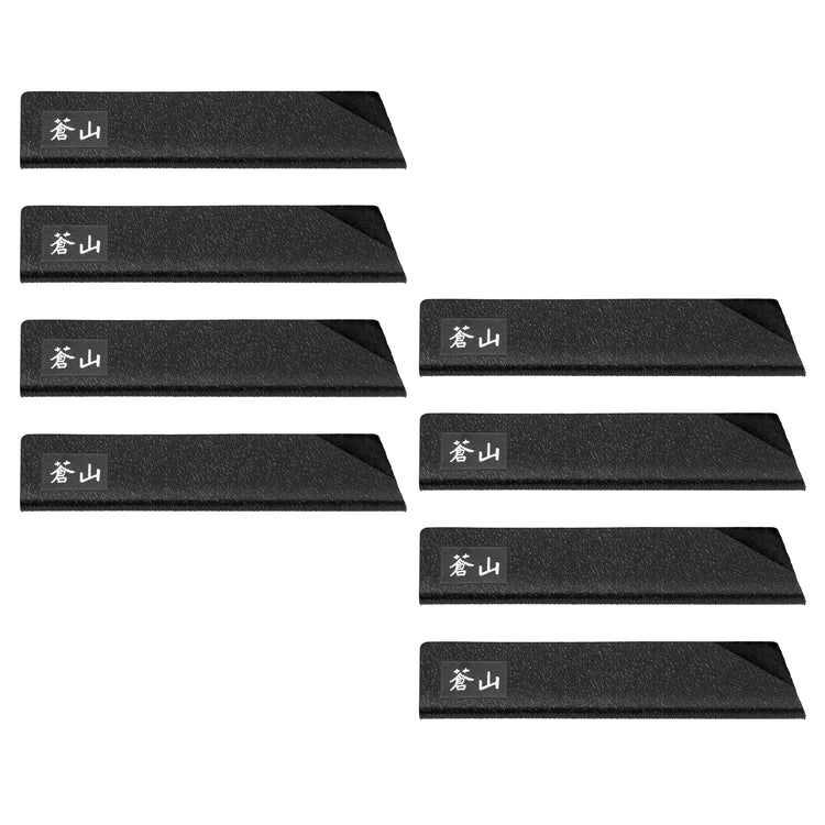 Eight black knife sheaths arranged in two columns, designed to protect steak knife blades.